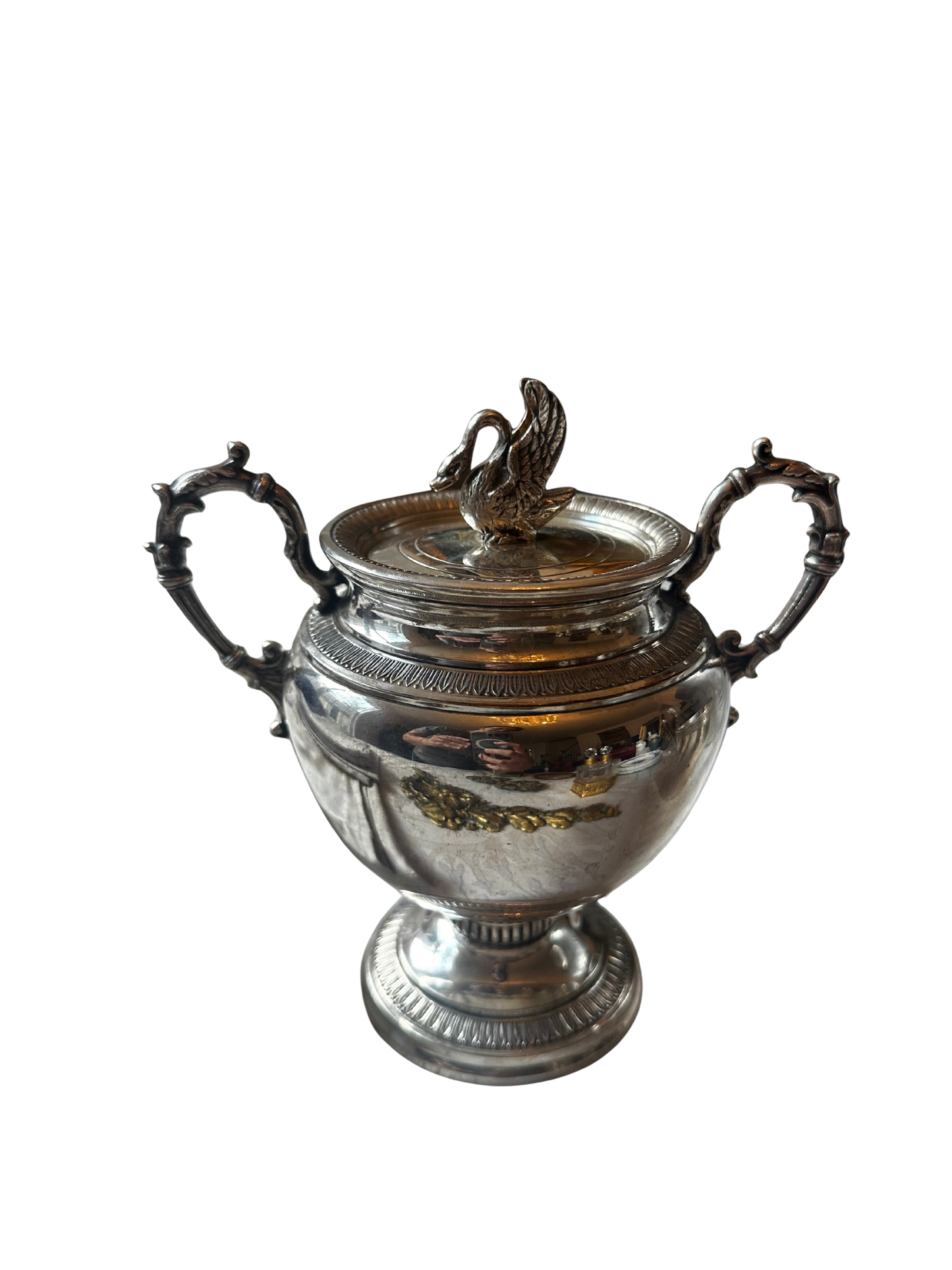 Late 19th / Early 20th C Silverplate Swan Double Handle Lidded Sugar Bowl / Urn