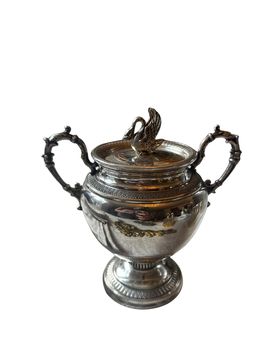 Late 19th / Early 20th C Silverplate Swan Double Handle Lidded Sugar Bowl / Urn
