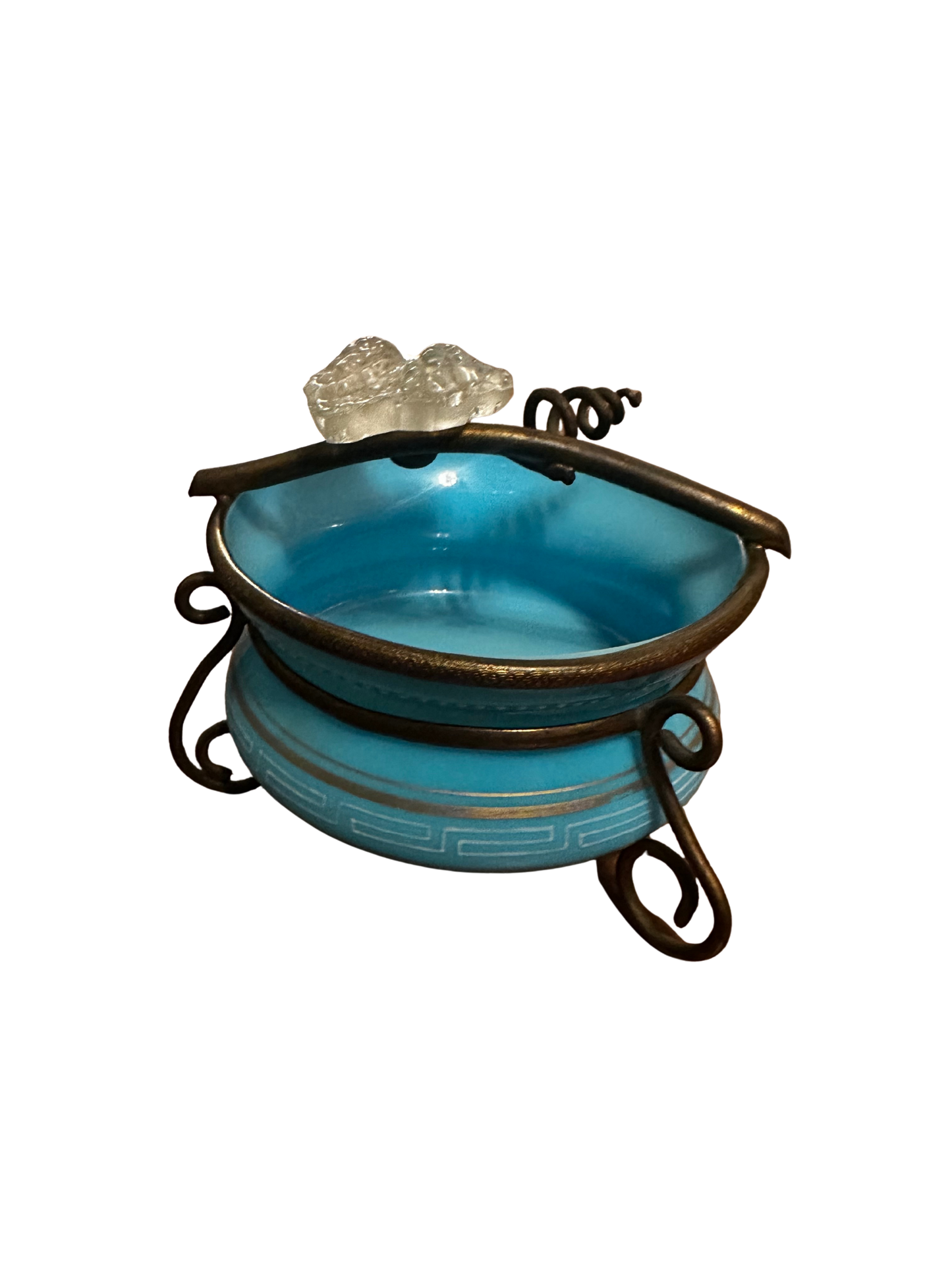 Blue Opaline Bowl with Gilt Decoration and Frosted Leaf Handle