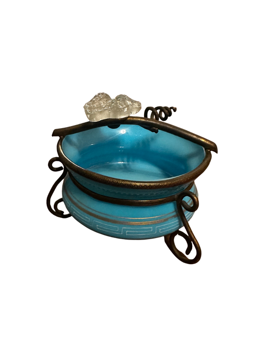 Blue Opaline Bowl with Gilt Decoration and Frosted Leaf Handle