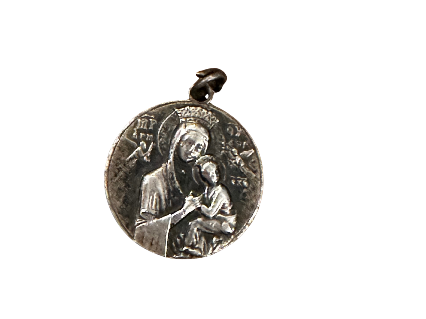 Sterling Silver Madonna and Child Pendant with Sacred Heart of Jesus on Reverse