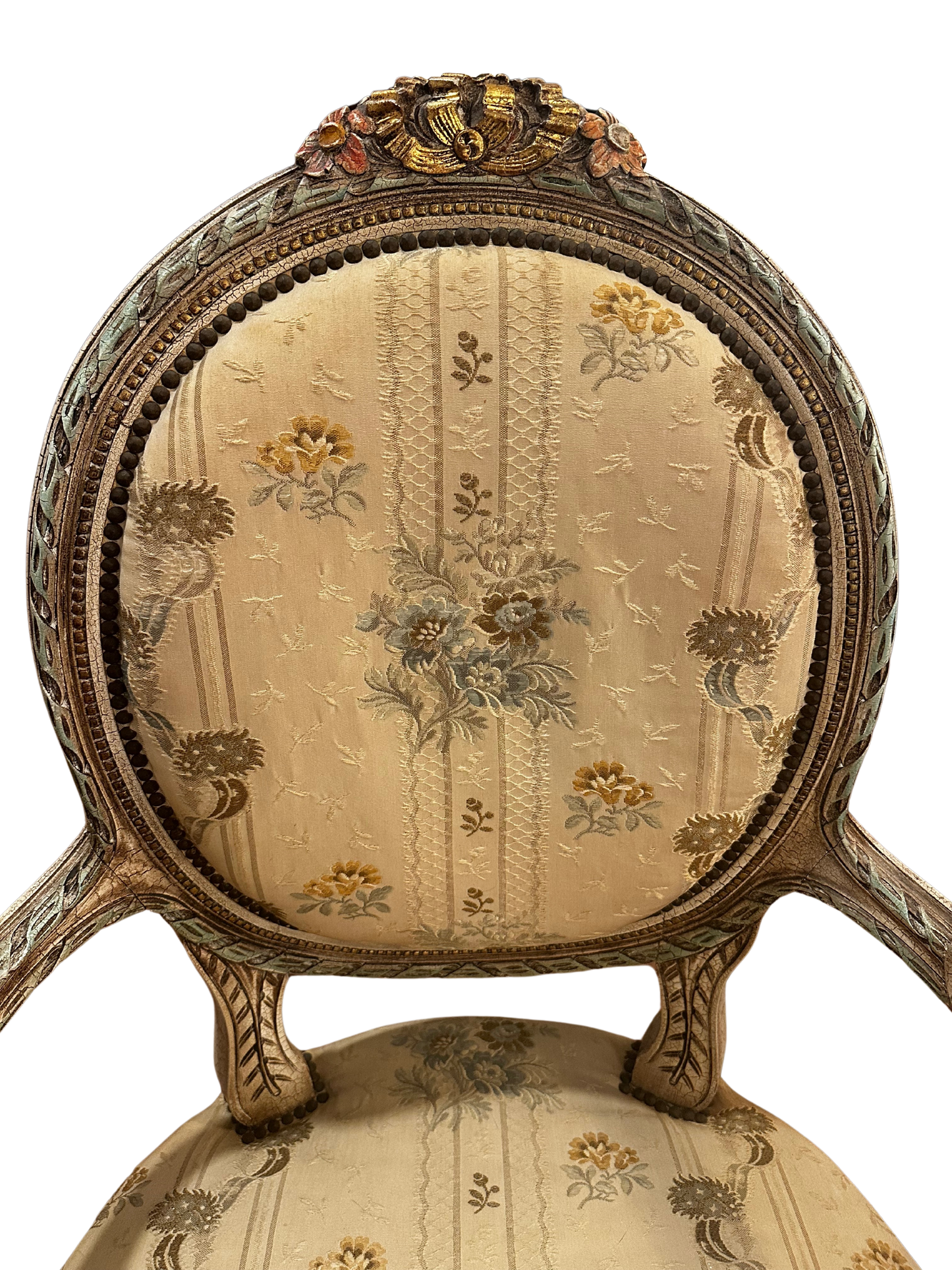 Early 20th C French Louis XVI Style Polychrome and Carved Fauteuils