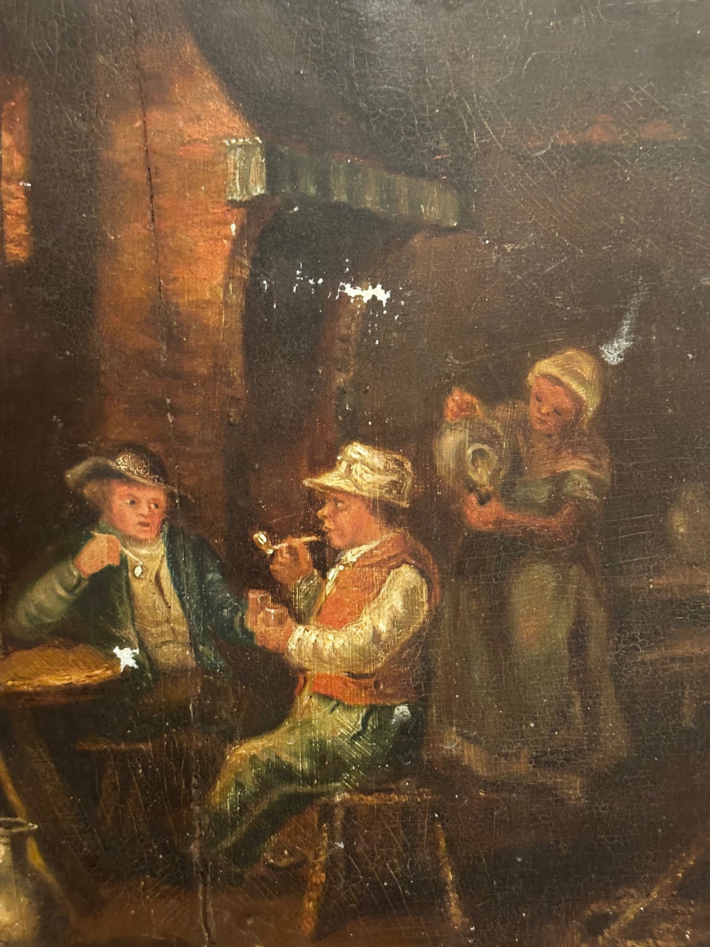 19th C Continental Oil on Wooden Panel of Two Men in a Tavern