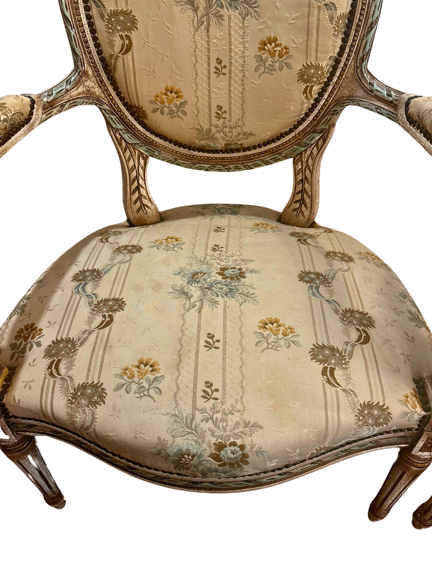 Early 20th C French Louis XVI Style Polychrome and Carved Fauteuils