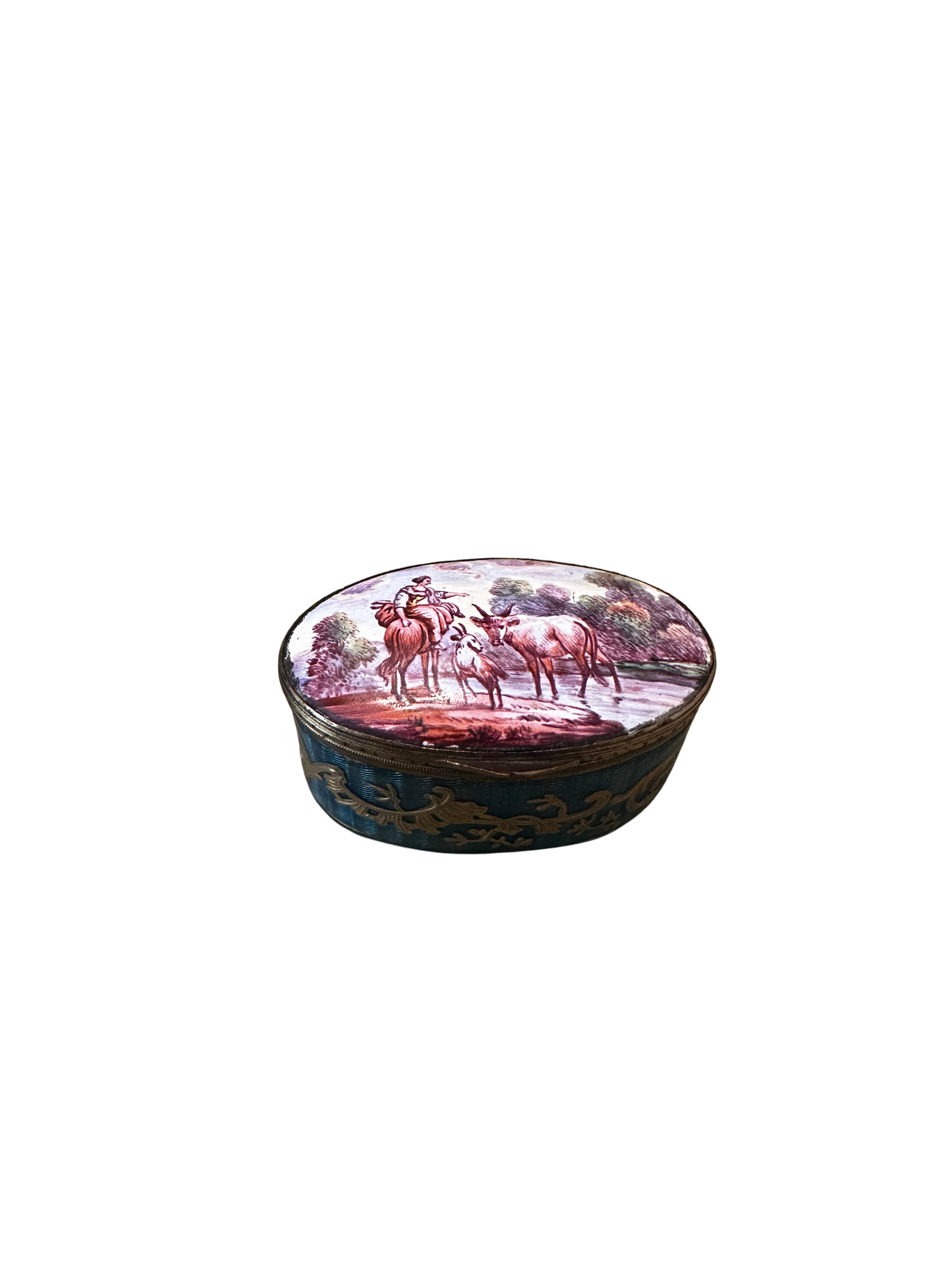 Antique Enameled Snuff or Bonbon Box with Pastoral Miniature Scene and Gilt Decoration