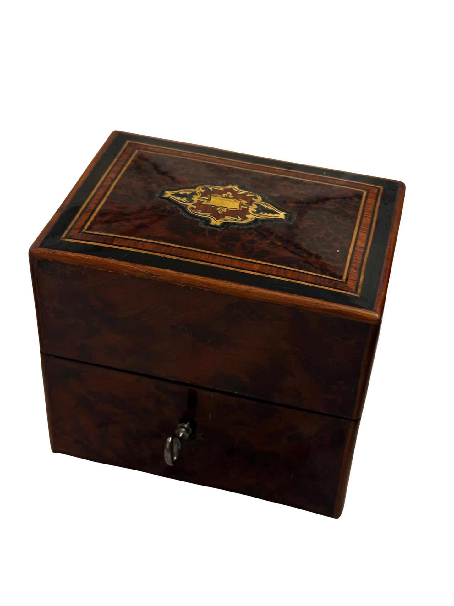 19th C Burl Wood and Napoleon III Marquetry Inlay Perfume Box with Key