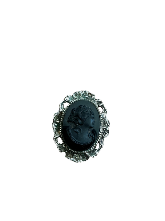 Vintage Neoclassical Style Black and Silver Cameo Brooch