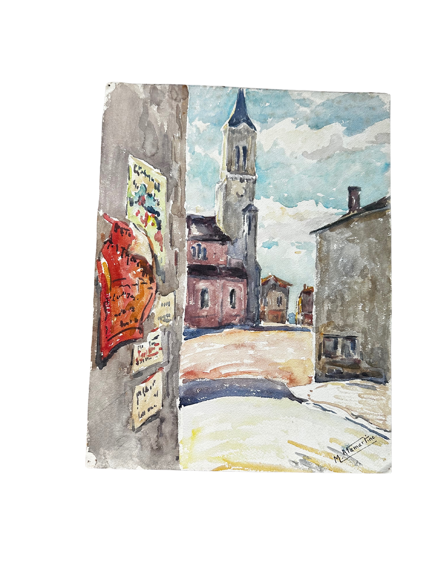 Mid Century Watercolor of City Street with Bulletins/Posters (Signed M Alamartine)