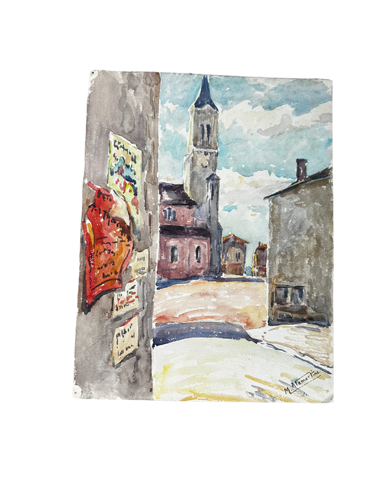 Mid Century Watercolor of City Street with Bulletins/Posters (Signed M Alamartine)