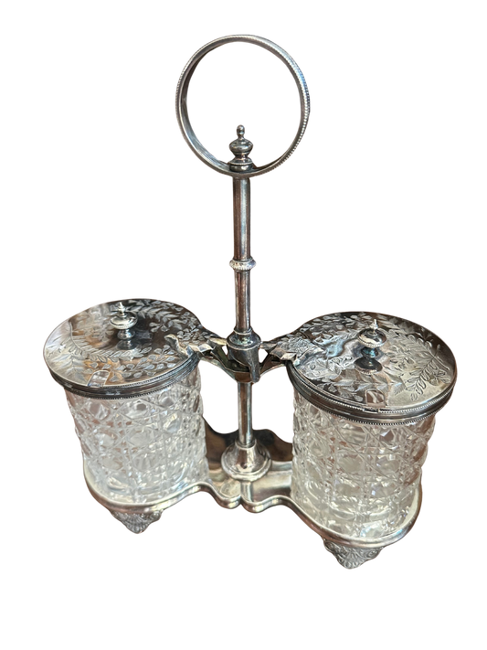Victorian Silver Plate and Cut Glass Double Condiment Server with Mechanical Lids