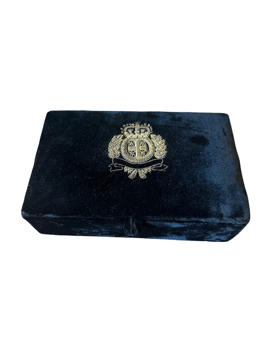 Early-Mid 20th C Black Velvet Presentation Box with Gold Thread Crest