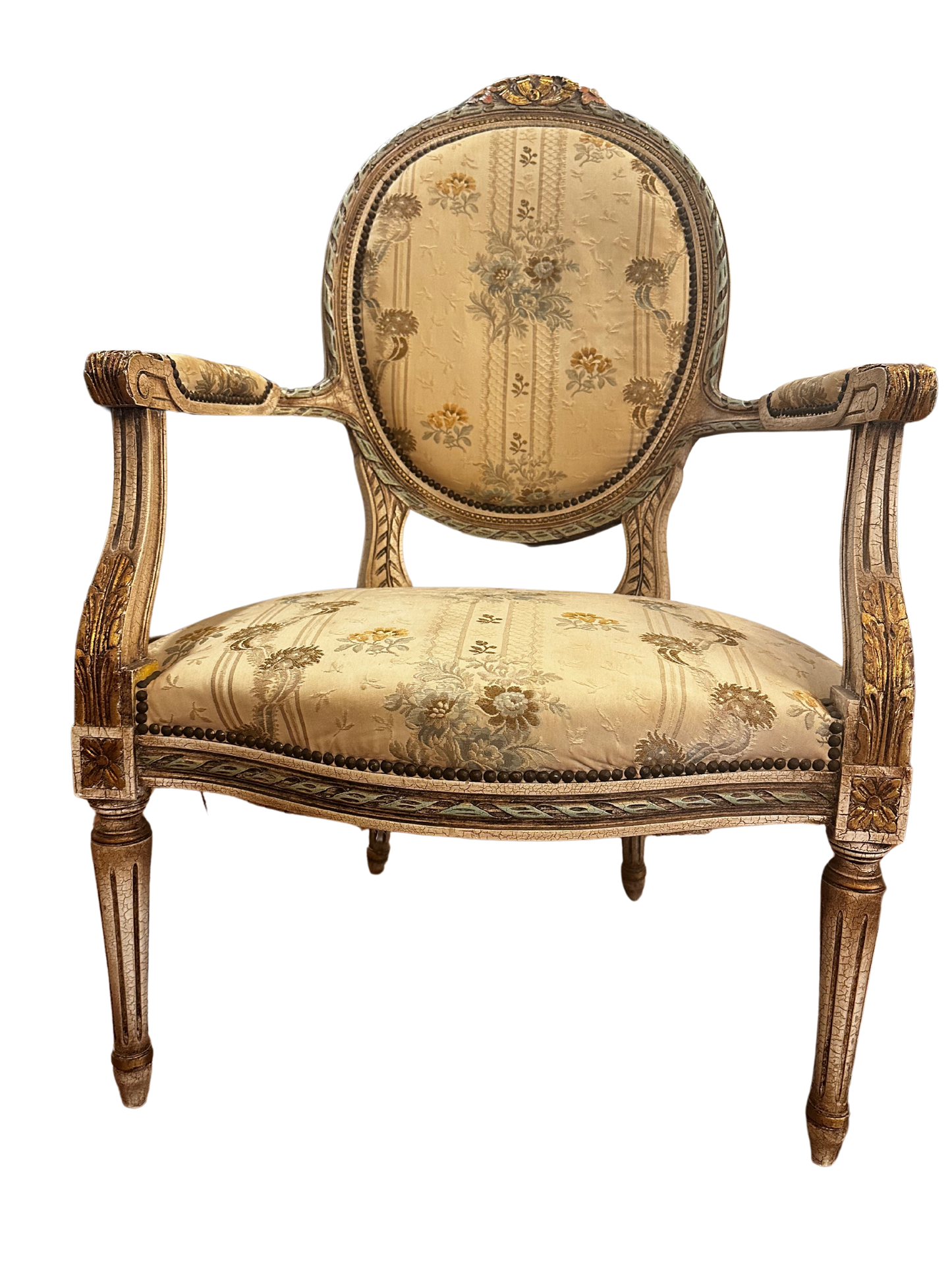Early 20th C French Louis XVI Style Polychrome and Carved Fauteuils