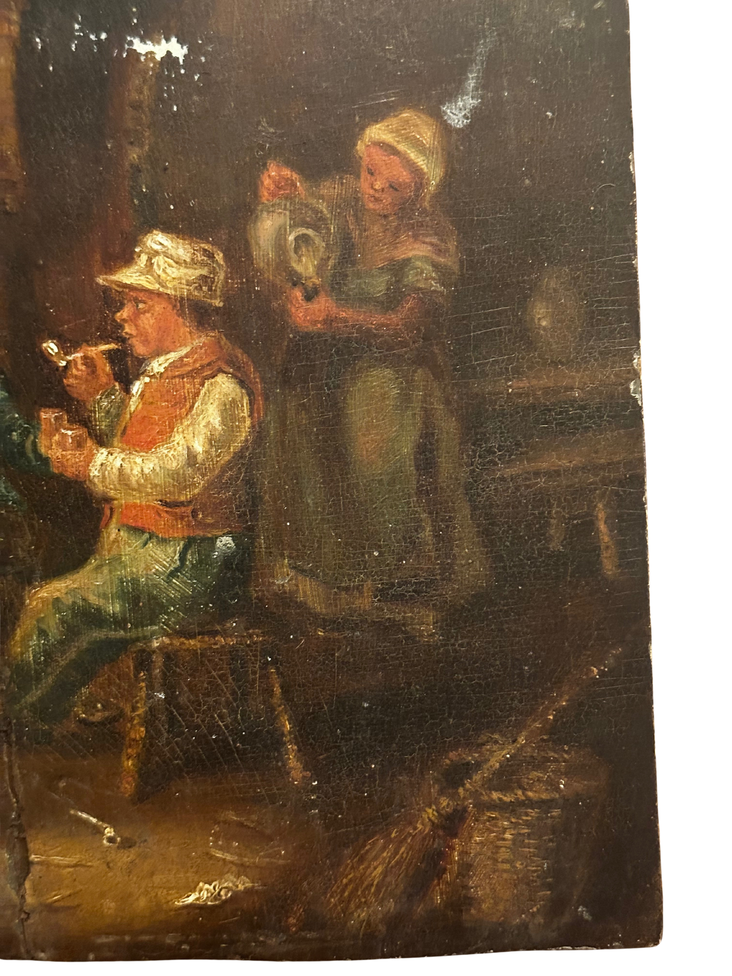 19th C Continental Oil on Wooden Panel of Two Men in a Tavern