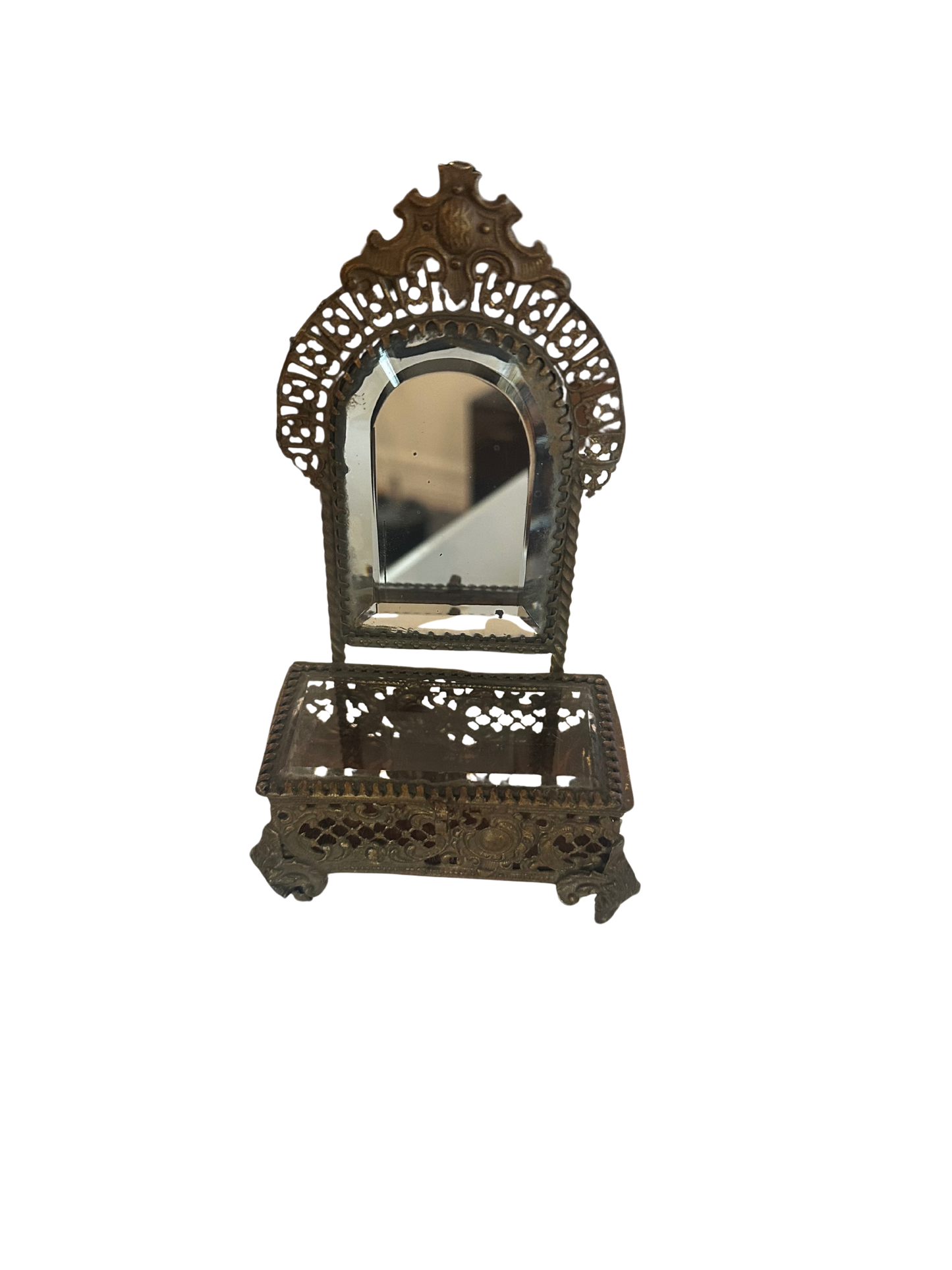 Late 19th C French Ormolu and Beveled Glass Jewelry Casket with Mirror