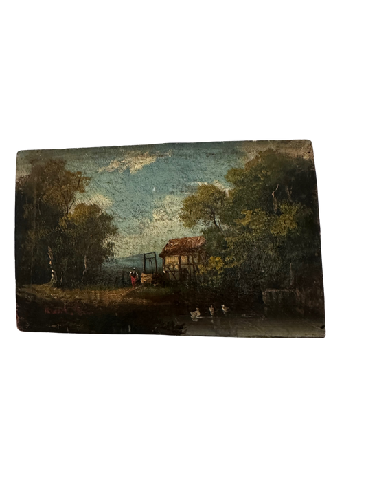 19th C Small Oil Painting on Panel of a Cottage (Signed)