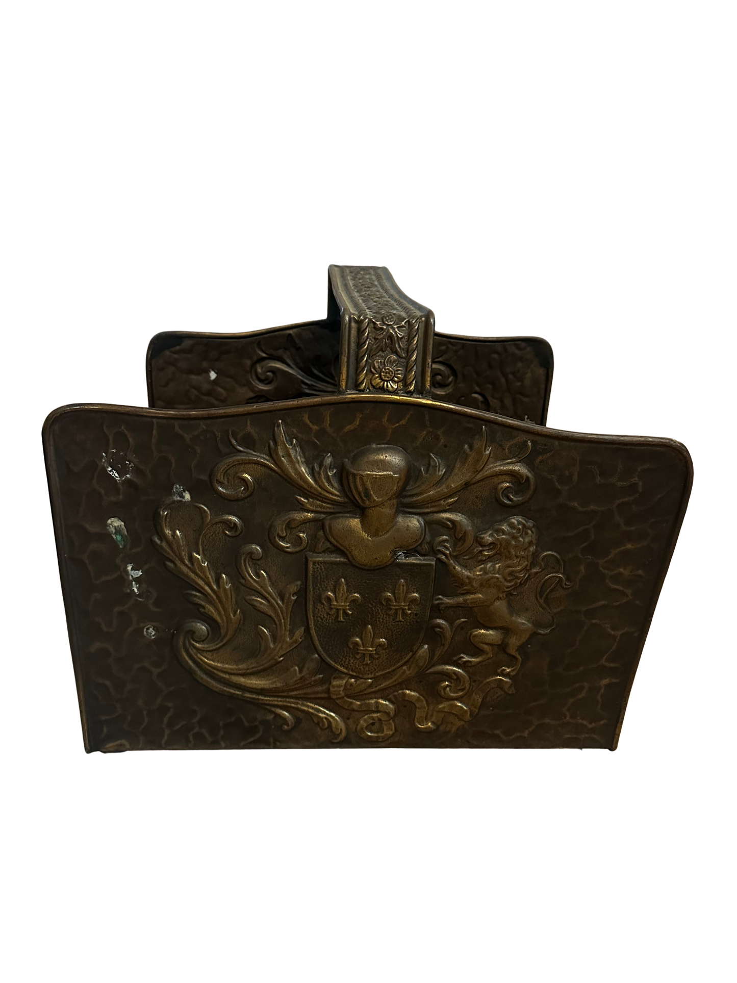 French Heraldic Repoussé Metal Log Holder with Fleur-de-Lis Crest