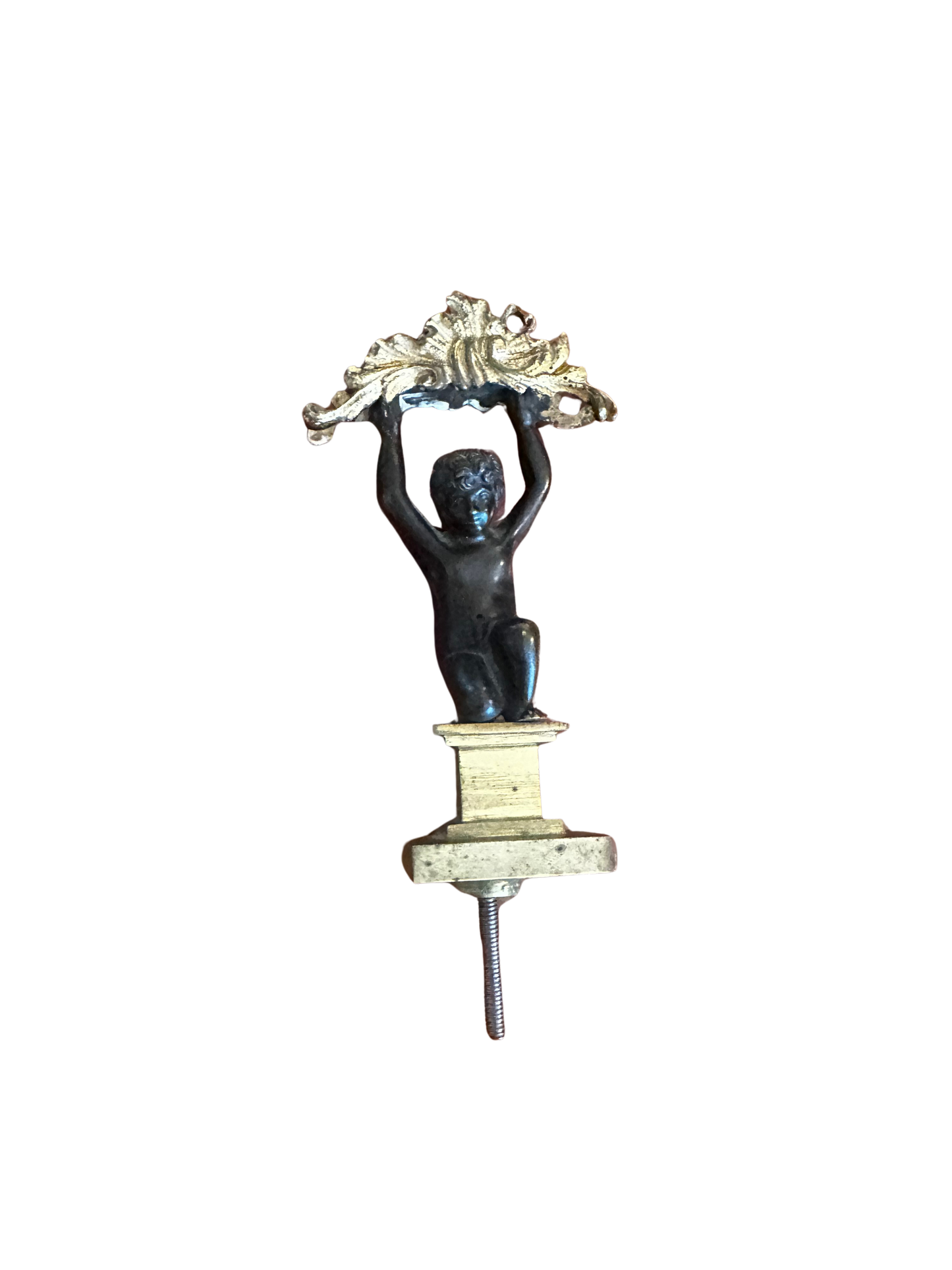 Antique Figural Putto Lamp Finial or Furniture Mount with Gilt Acanthus Crest