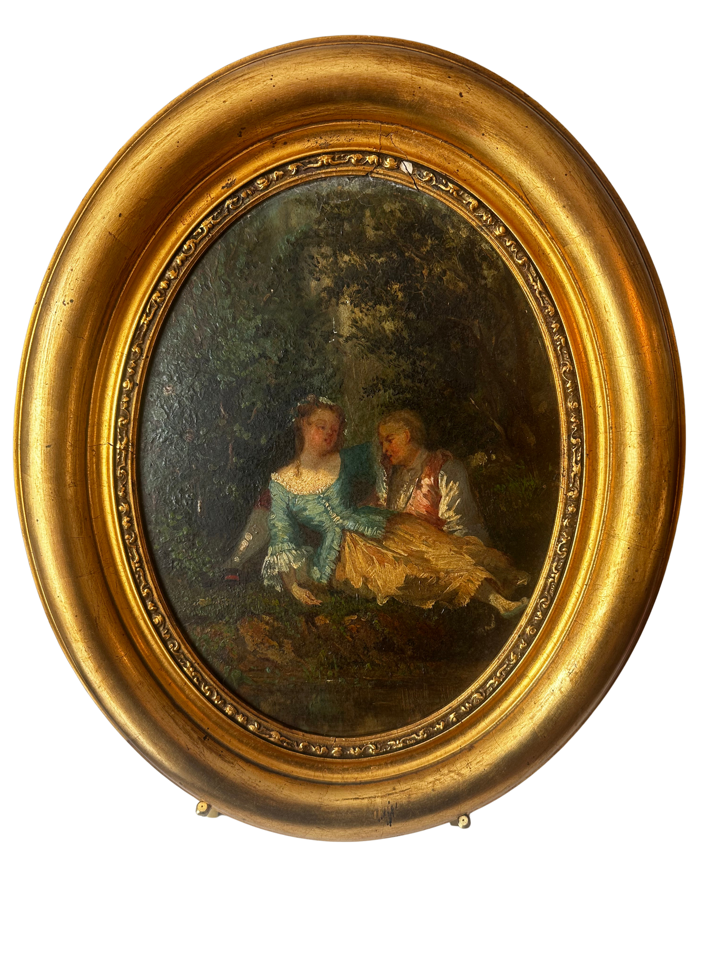 19th Century Rococo Style Romantic Couple Oil Painting in Oval Gilt Frame