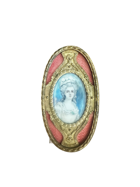 Late 19th / Early 20th C Pink Guilloche Enamel and Ormolu Oval Framed Hand Painted Portrait (Marie Antoinette Style)