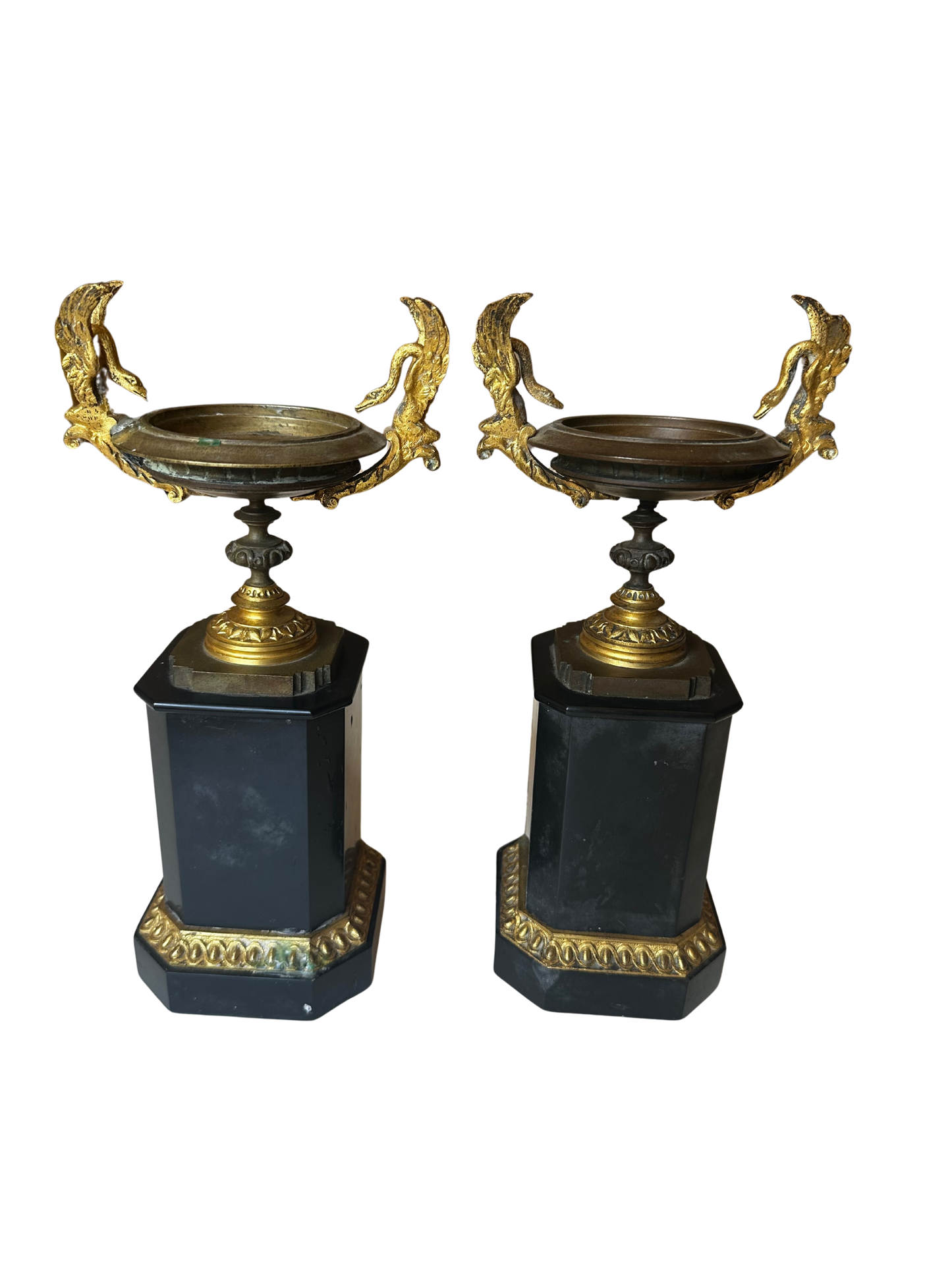 Late 19th C French Gilt Bronze and Black Stone Garniture Vases