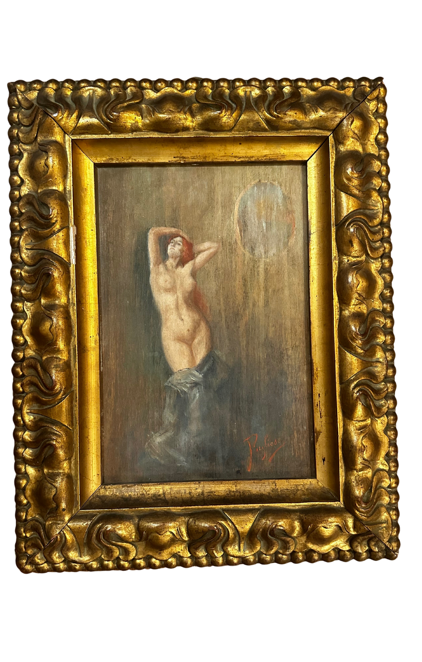 19th C Oil on Panel of Auburn Haired Nude Woman (Signed Pugliesi)
