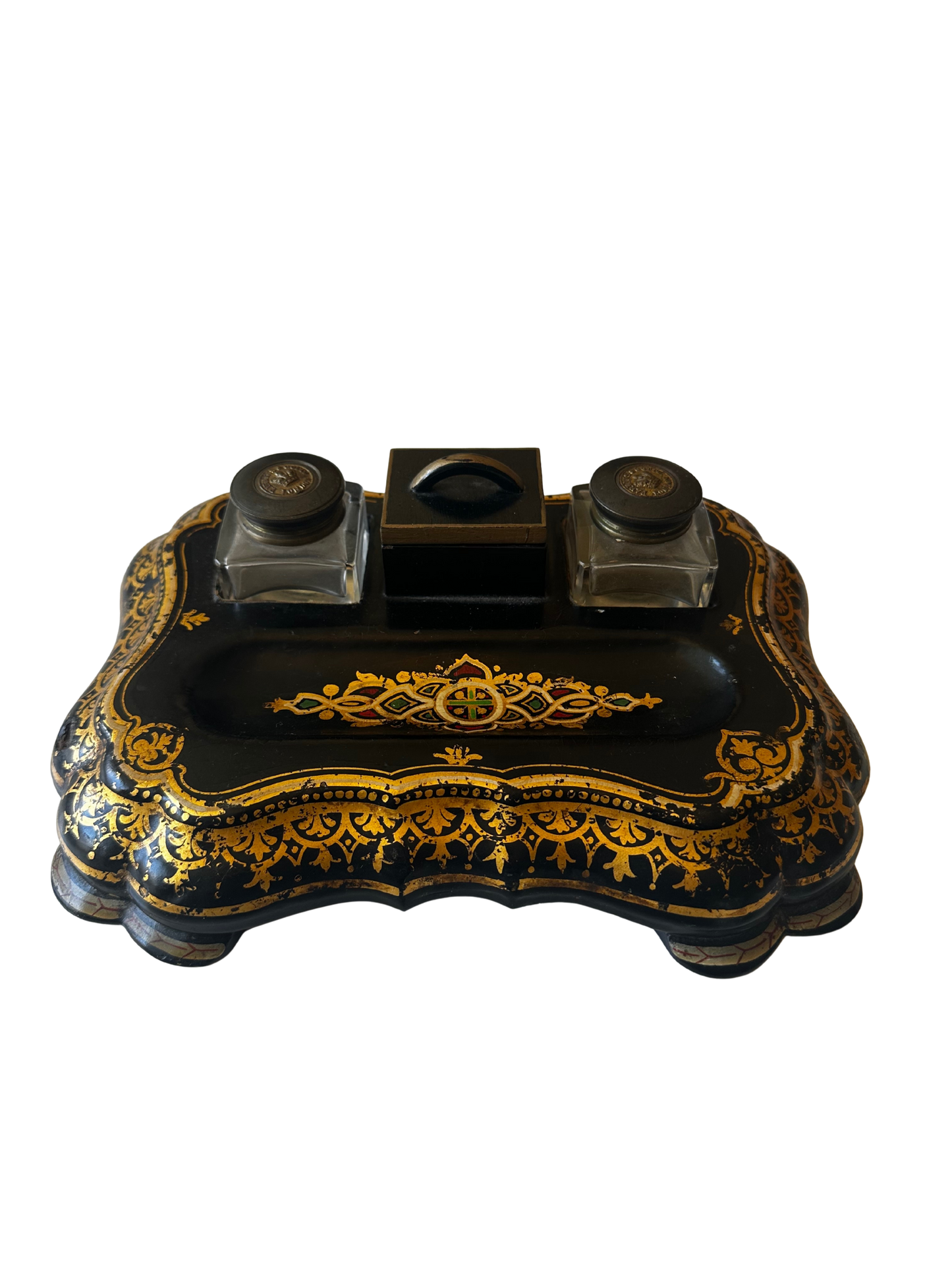 19th C Parkins & Gotto Black Lacquer Victorian Papier Mache Inkwell Set