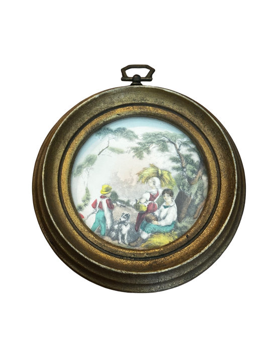 Round Wooden Frame with Pastoral Scene Print with Children and Dog