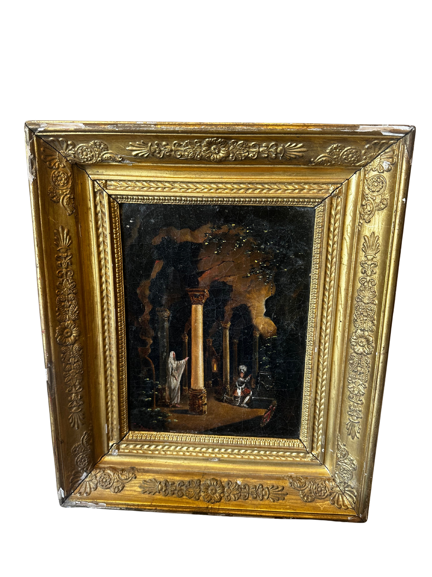 19th C Oil on Canvas of Romanticized Architectural Capriccio Scene (Spectral Figure and Knight) / Signed S. Doris
