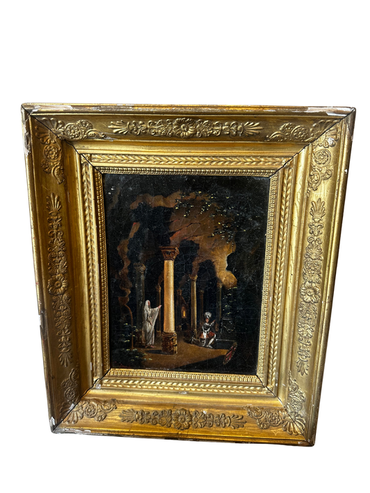 19th C Oil on Canvas of Romanticized Architectural Capriccio Scene (Spectral Figure and Knight) / Signed S. Doris