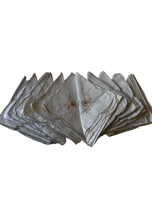 Vintage Mid-Century Set of 12 Floral Embroidered Napkins
