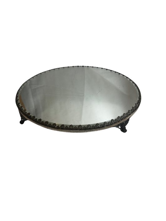 Antique Circular Vanity Mirror Tray with Silver Tone Base