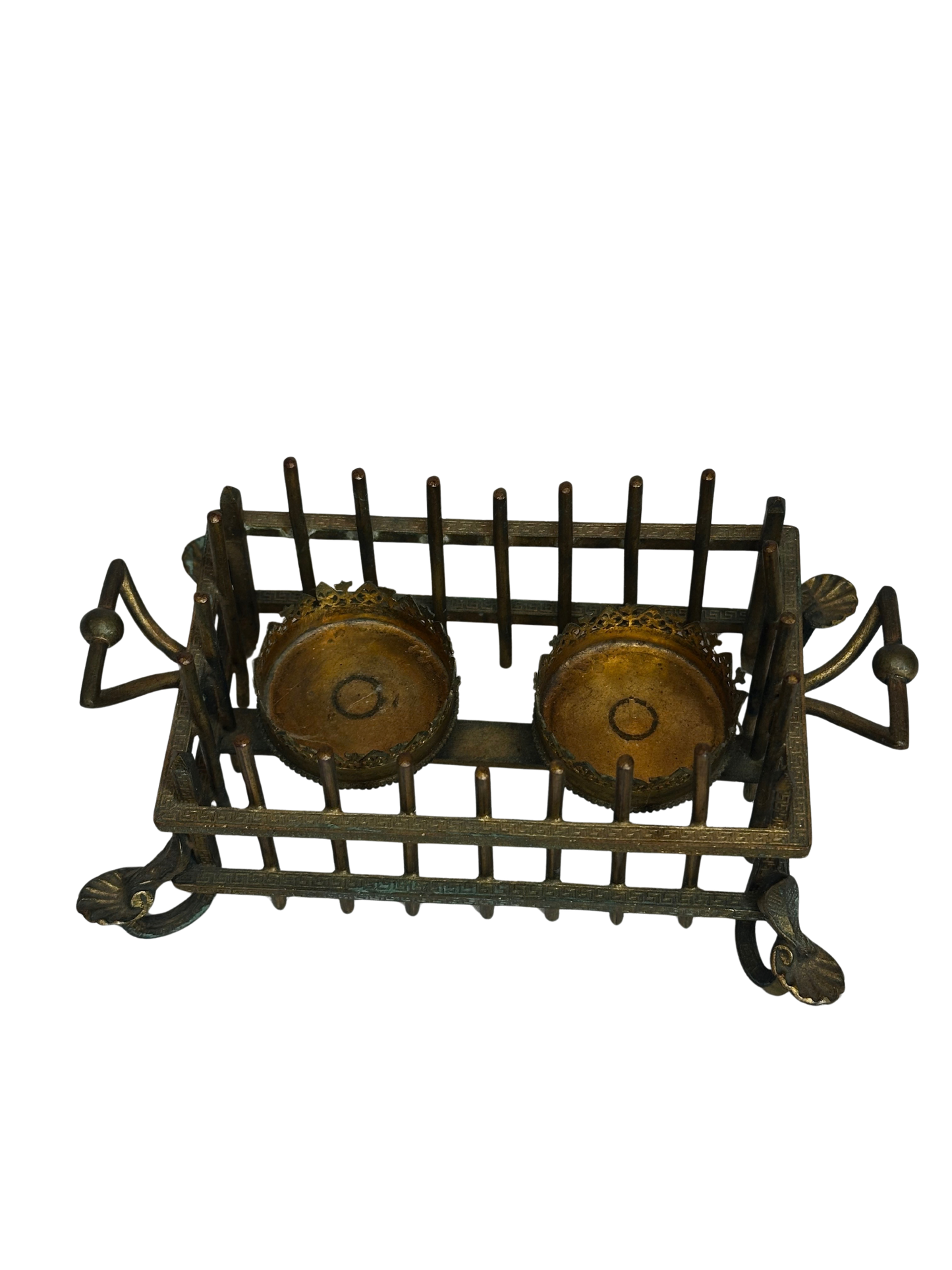 Antique Bronze Vanity Caddy with Pair of Cut-Glass Scent Bottles