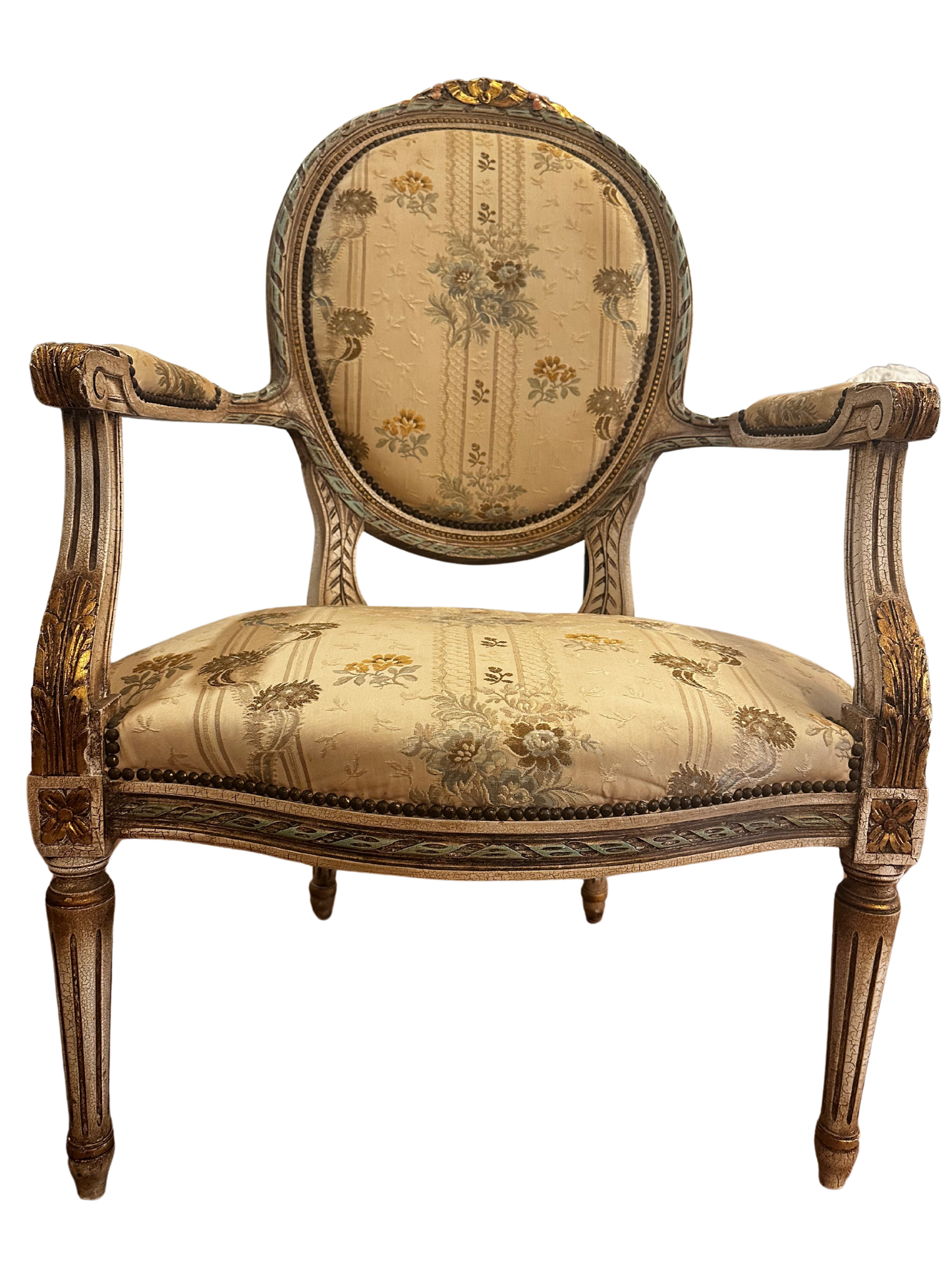 Early 20th C French Louis XVI Style Polychrome and Carved Fauteuils