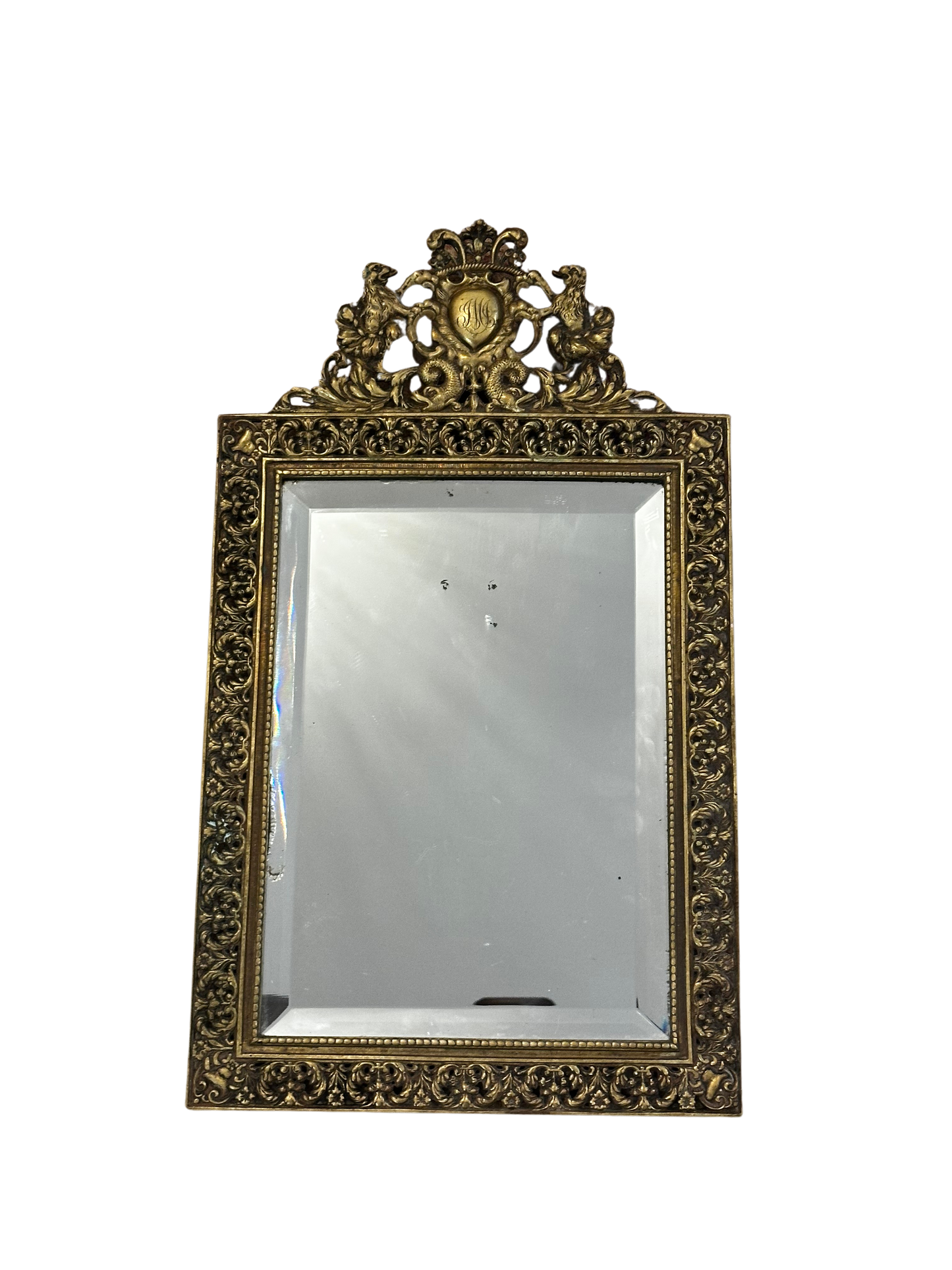 Antique Heraldic Brass Table Mirror with Monogrammed Crest