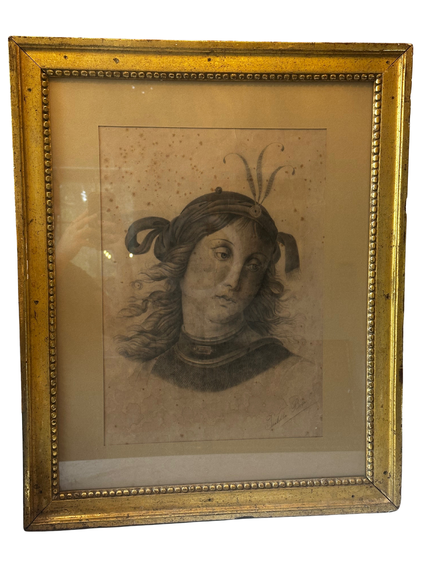 Late 19th C Art Nouveau Original Italian Academic Charcoal Drawing of a Woman in Plumed Headpiece