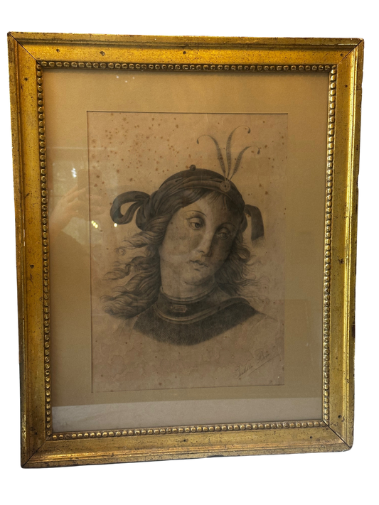 Late 19th C Art Nouveau Original Italian Academic Charcoal Drawing of a Woman in Plumed Headpiece
