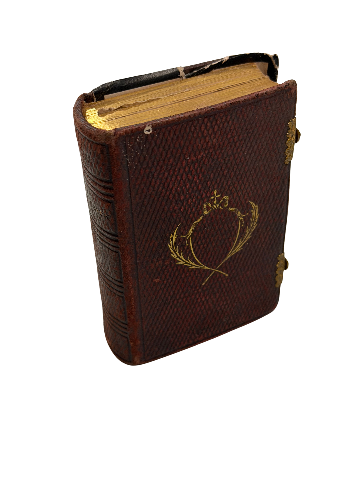 Antique French Miniature Prayer Book, "Paroissien Romain," Burgundy Grained Leather with Brass Clasps, Chromolithographs and First Communion Souvenir for Gaston Joubert (Vienne, 1901), Dijon, 1879