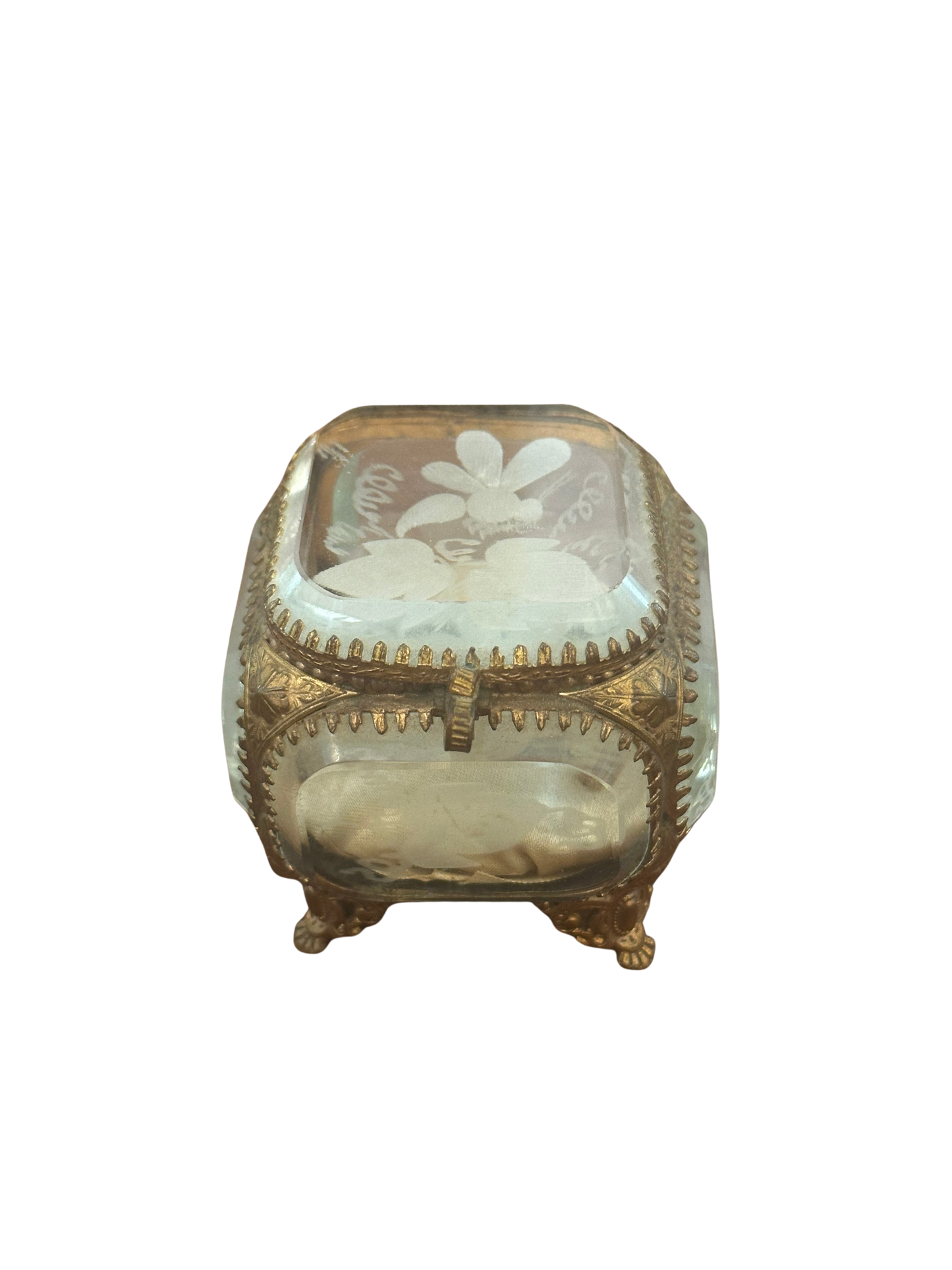 Victorian Beveled Glass Jewelry Casket with Etched Floral Decoration and Silk Lining