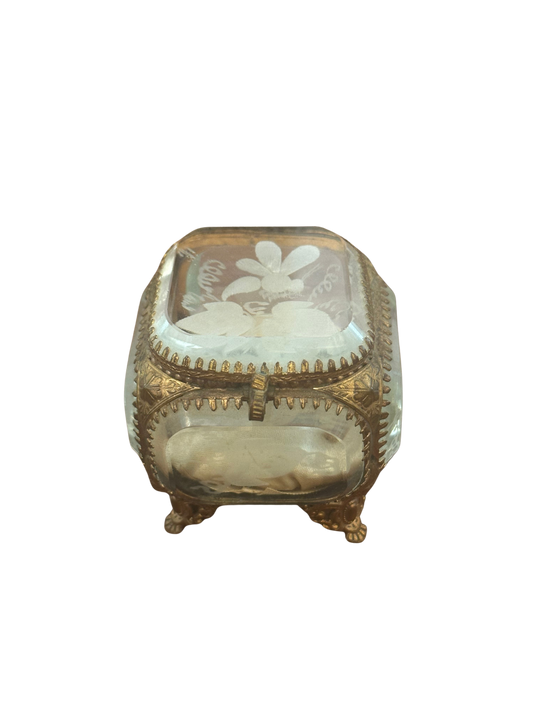 Victorian Beveled Glass Jewelry Casket with Etched Floral Decoration and Silk Lining