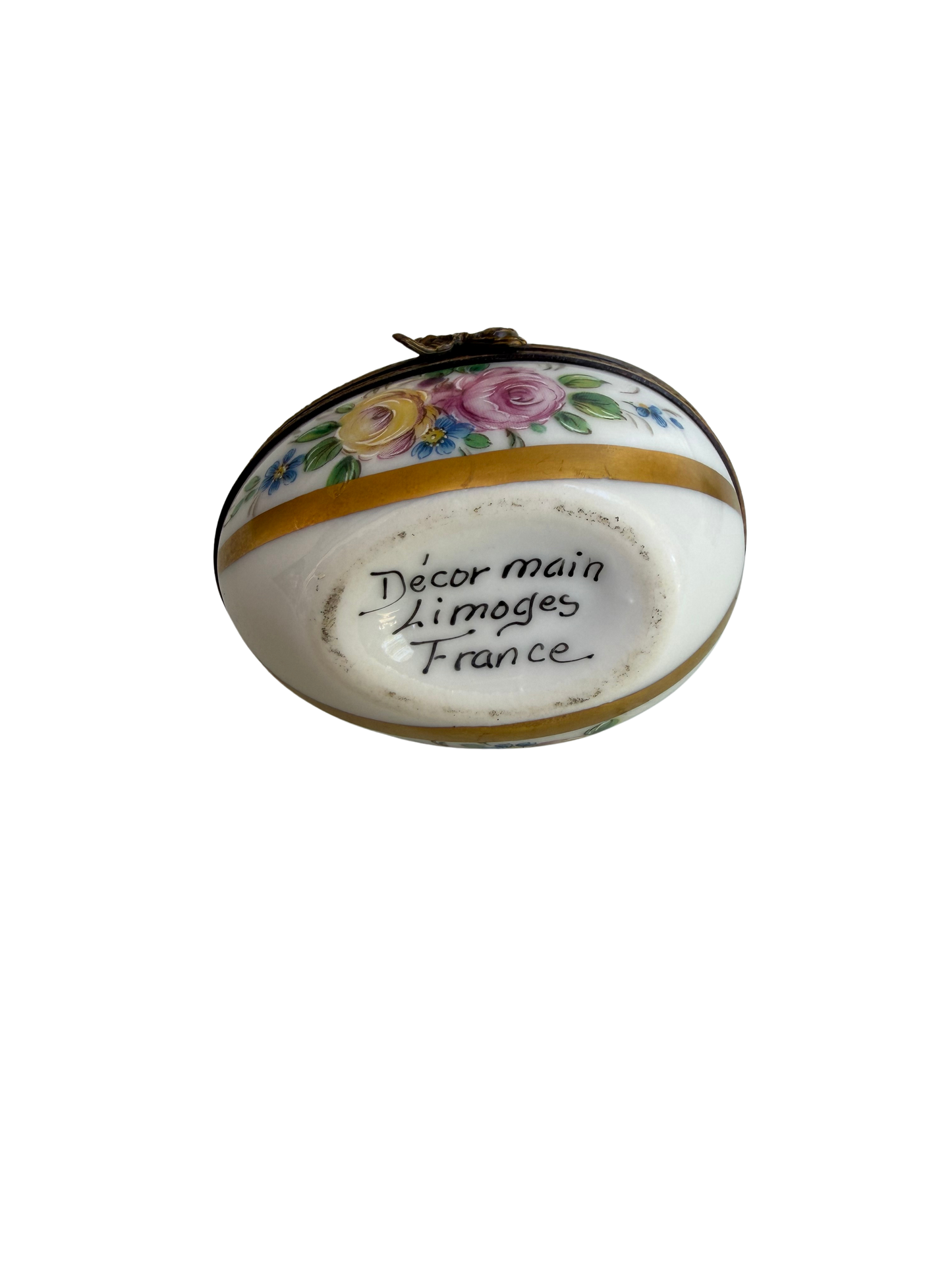 Vintage French Limoges Hand-Painted Porcelain Floral Egg Trinket Box with Gilt Mounts