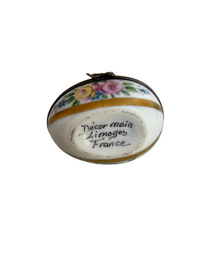 Vintage French Limoges Hand-Painted Porcelain Floral Egg Trinket Box with Gilt Mounts