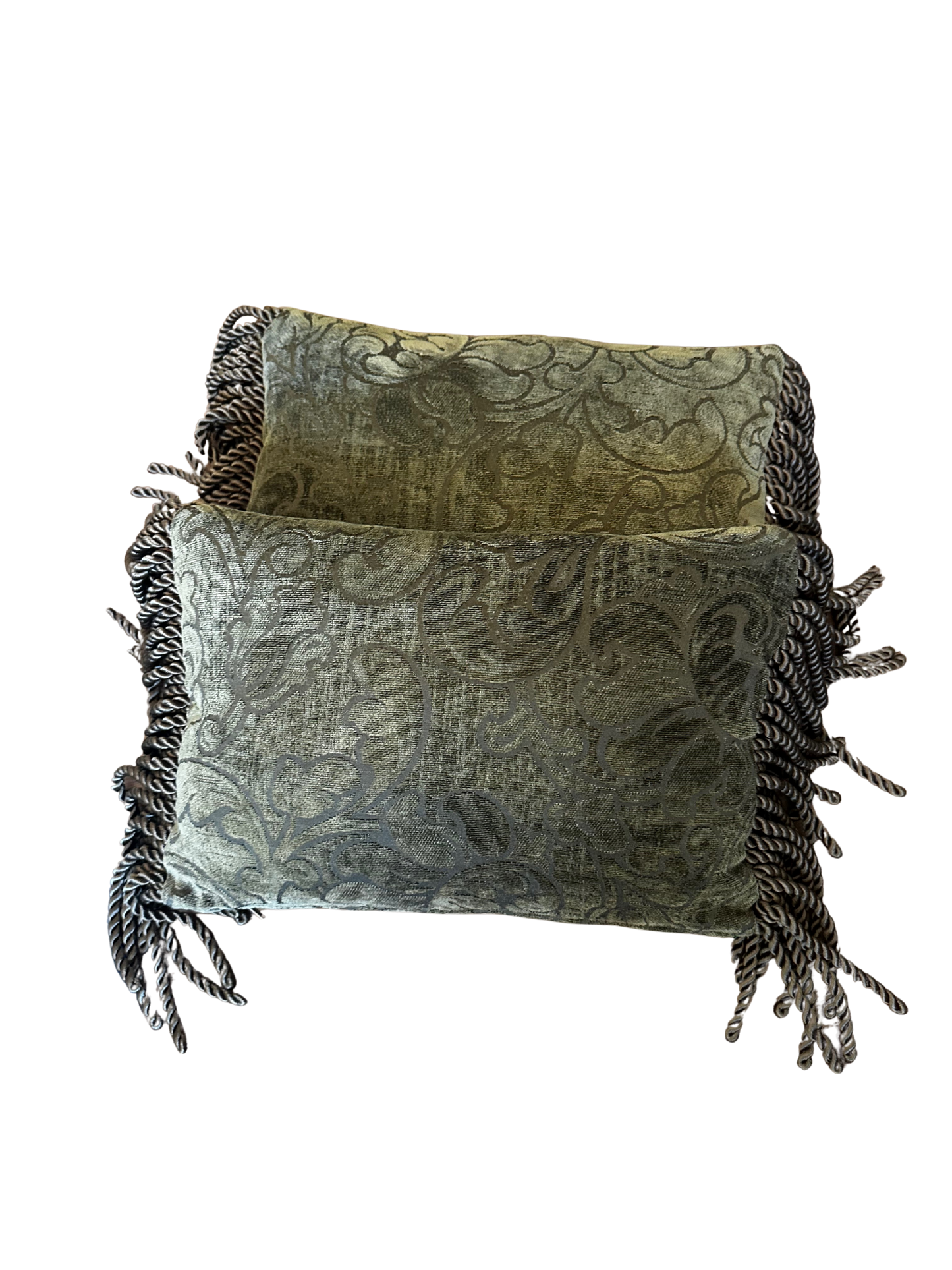 Pair of Vintage Dark Olive Green Jacquard Damask Lumbar Pillows