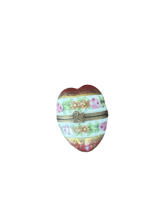 Elongated Deep Pink Floral Heart Shaped Limoges Box