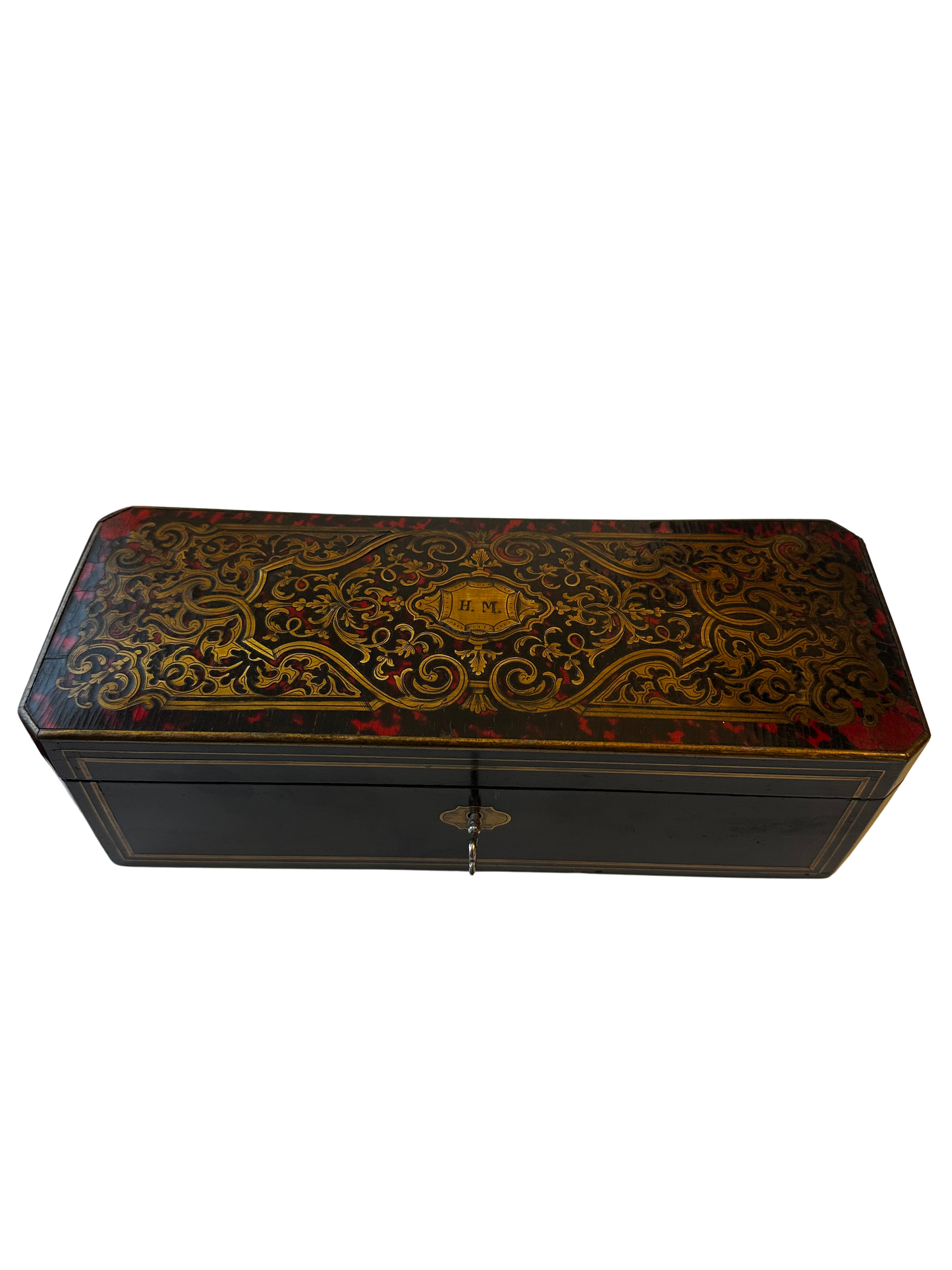 Napoleon III Tortoiseshell Boulle-Style Box by Tahan, Paris, with Brass Inlay and Key