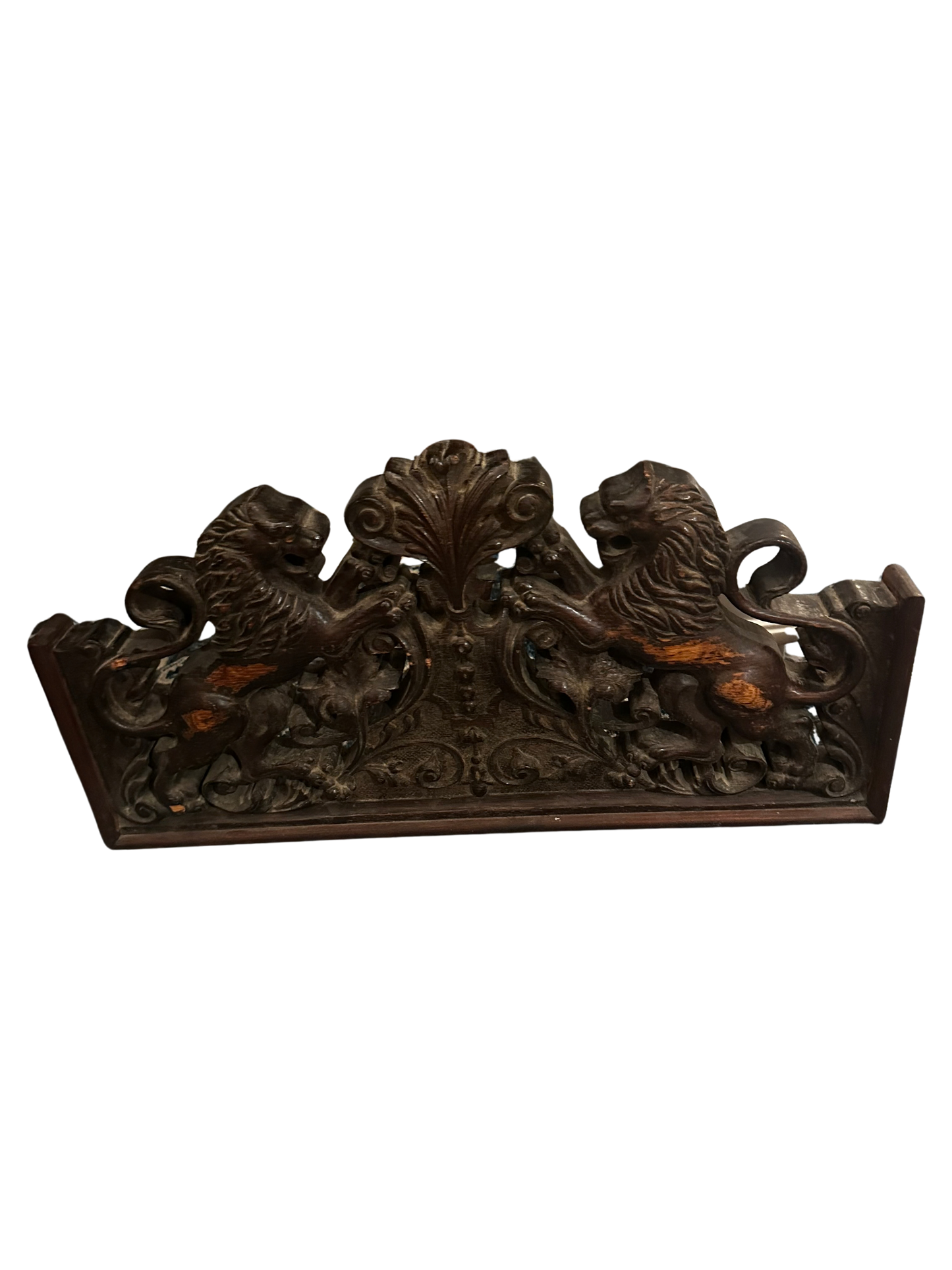 Antique Gothic Revival Carved Oak Heraldic Crest with Rampant Lions (Architectural Furniture Fragment)