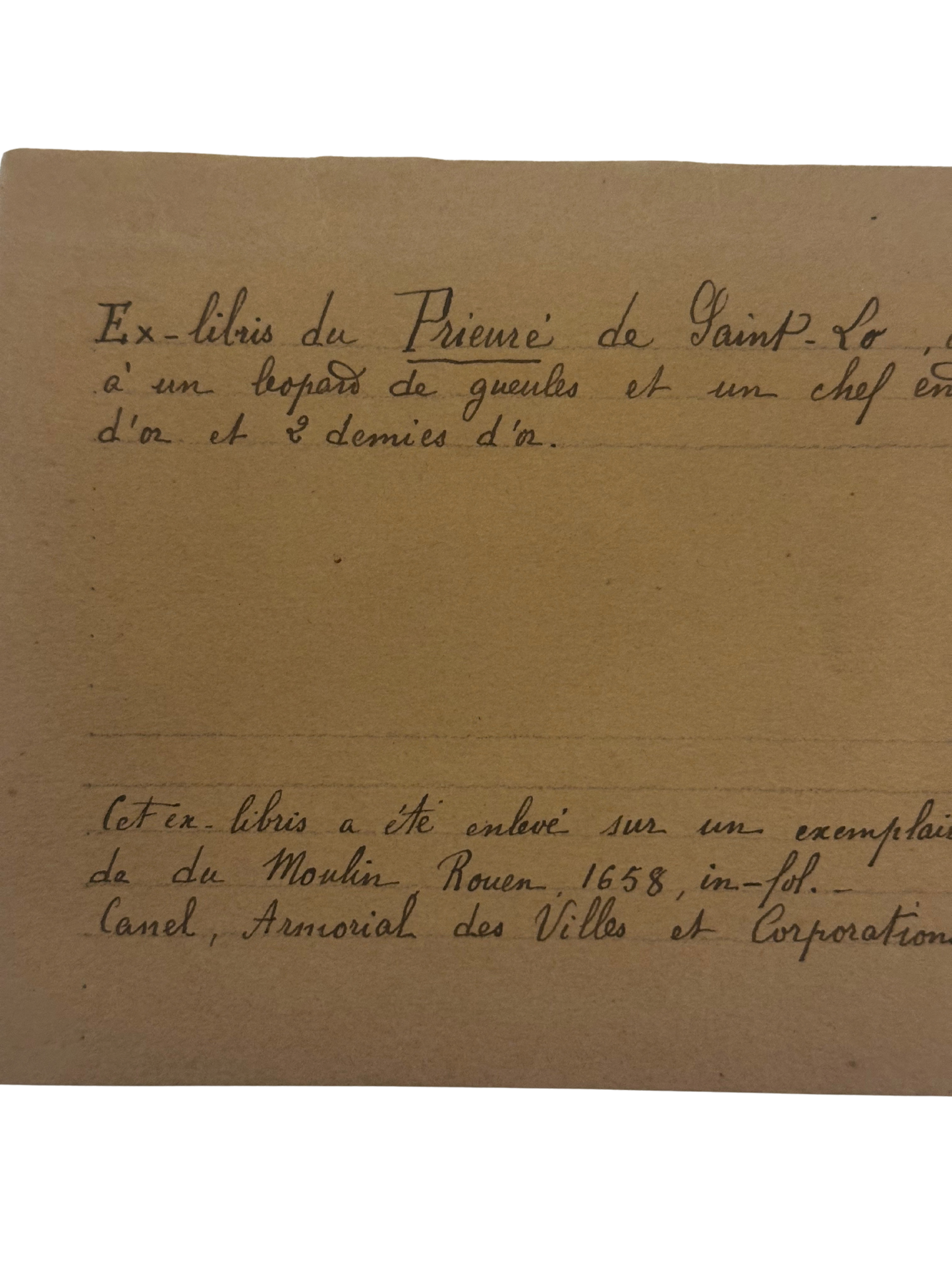 Antique French Collector’s Identification Note for Norman Ex Libris (Priory of Saint-Lô, Rouen)