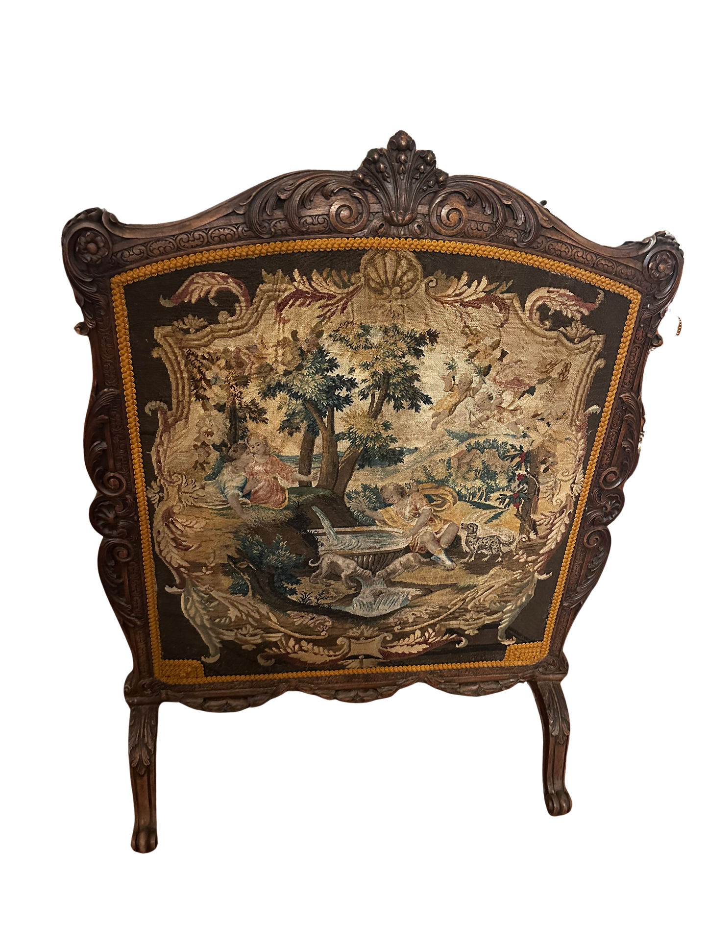 19th C Antique French Carved Walnut Fire Screen with Tapestry Panel