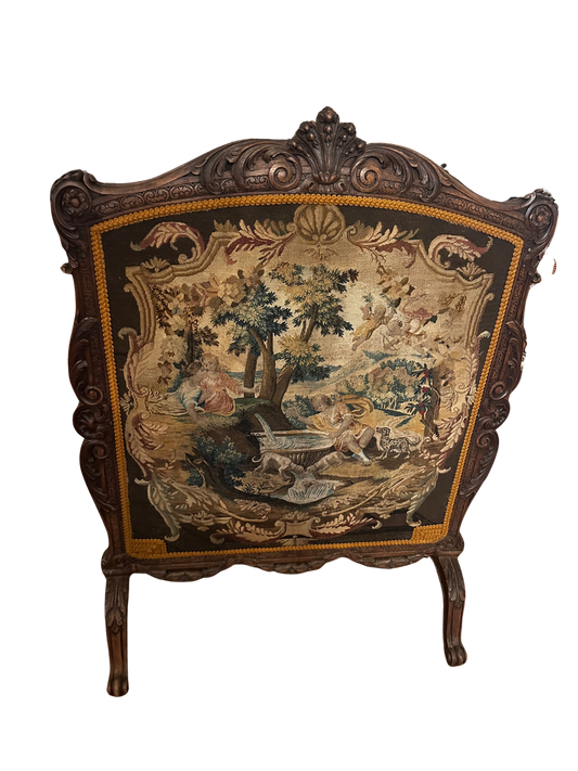 19th C Antique French Carved Walnut Fire Screen with Tapestry Panel