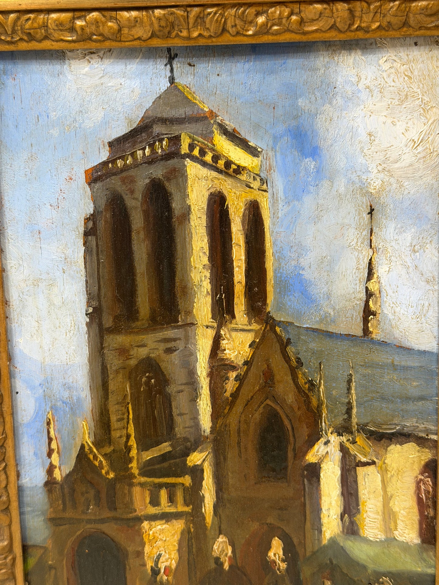 19th Century French School Oil Painting of Breton Church Scene, Monogrammed “LV”