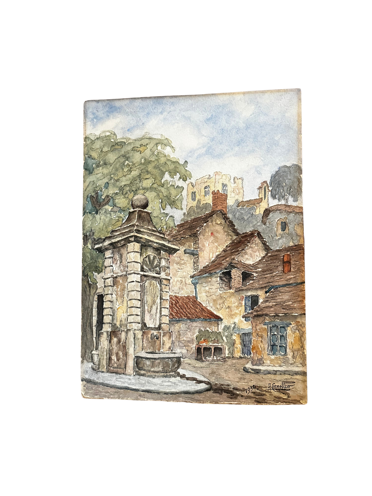 French Village Watercolor with Stone Fountain, Signed and Dated 1934